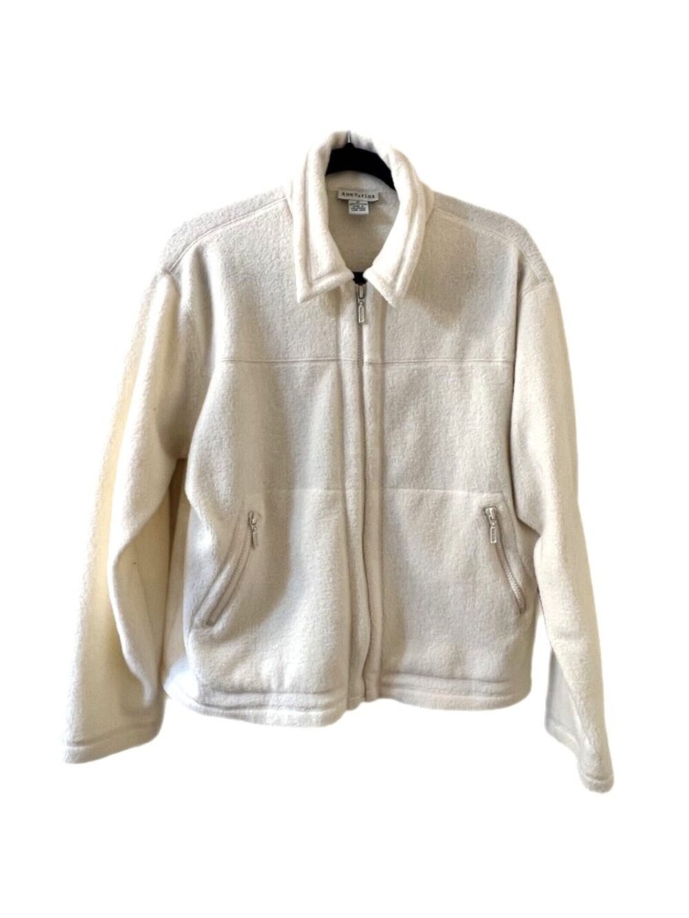 Ann Taylor Ivory Fleece Full Zip Jacket Med Cream Pockets Womens Warm Outerwear